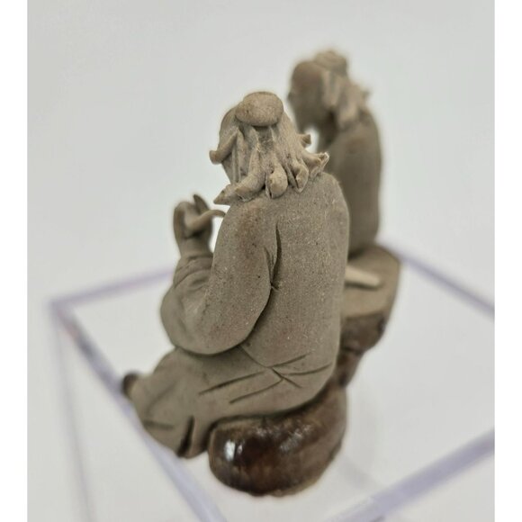 Vintage Chinese Mudman Figurine Pair Sitting on Bench Smoking Pipe je155 - Picture 4 of 12